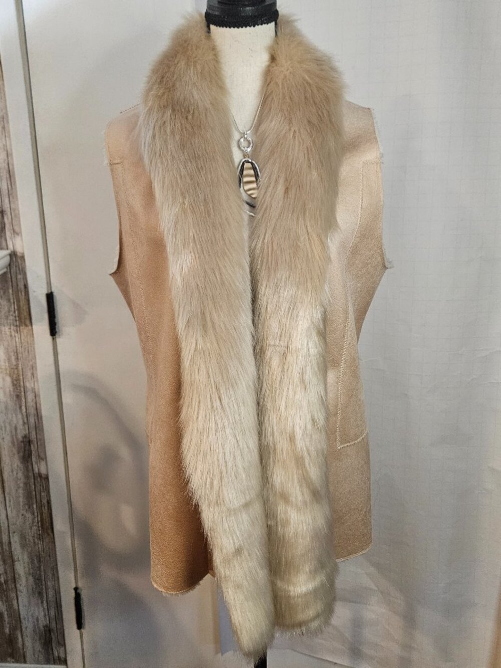 The Ultimate Boho L Suede Faux Shearling Vest with Shaggy Faux Fur Collar